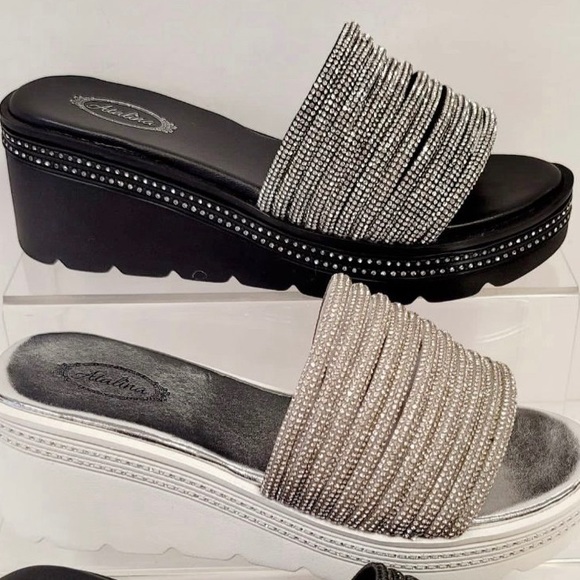 3 Left Italina Black Platform Rhinestone Embellished Wedge Slide-In Sandal - Picture 3 of 7